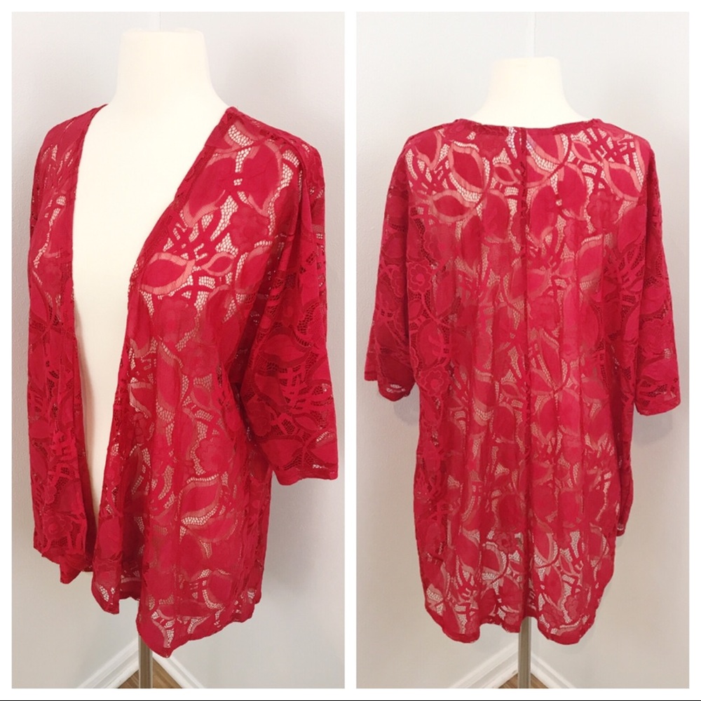 LuLaRoe Red Lace Lindsay Cardigan Sz S